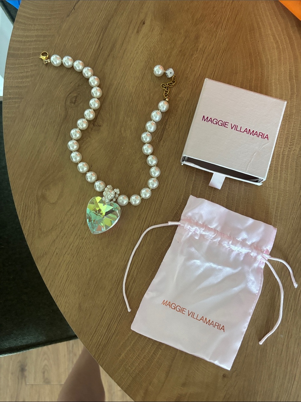 Maggie Villamaria White Pearl Necklace with Iridescent Heart Pendant